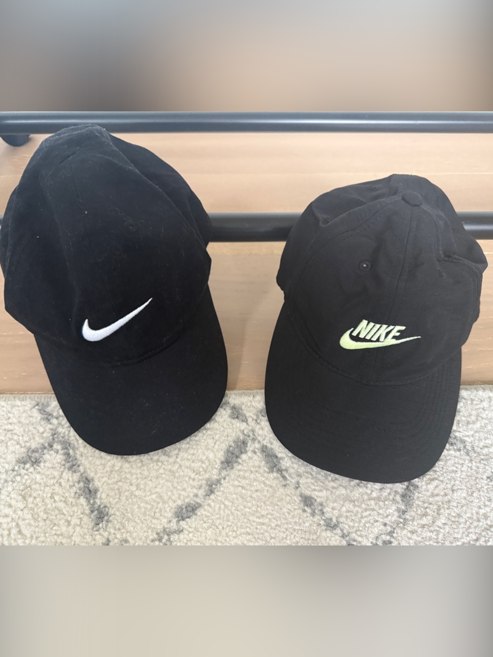Boy Nike Black Baseball Caps with White Swoosh and Neon Green Logo